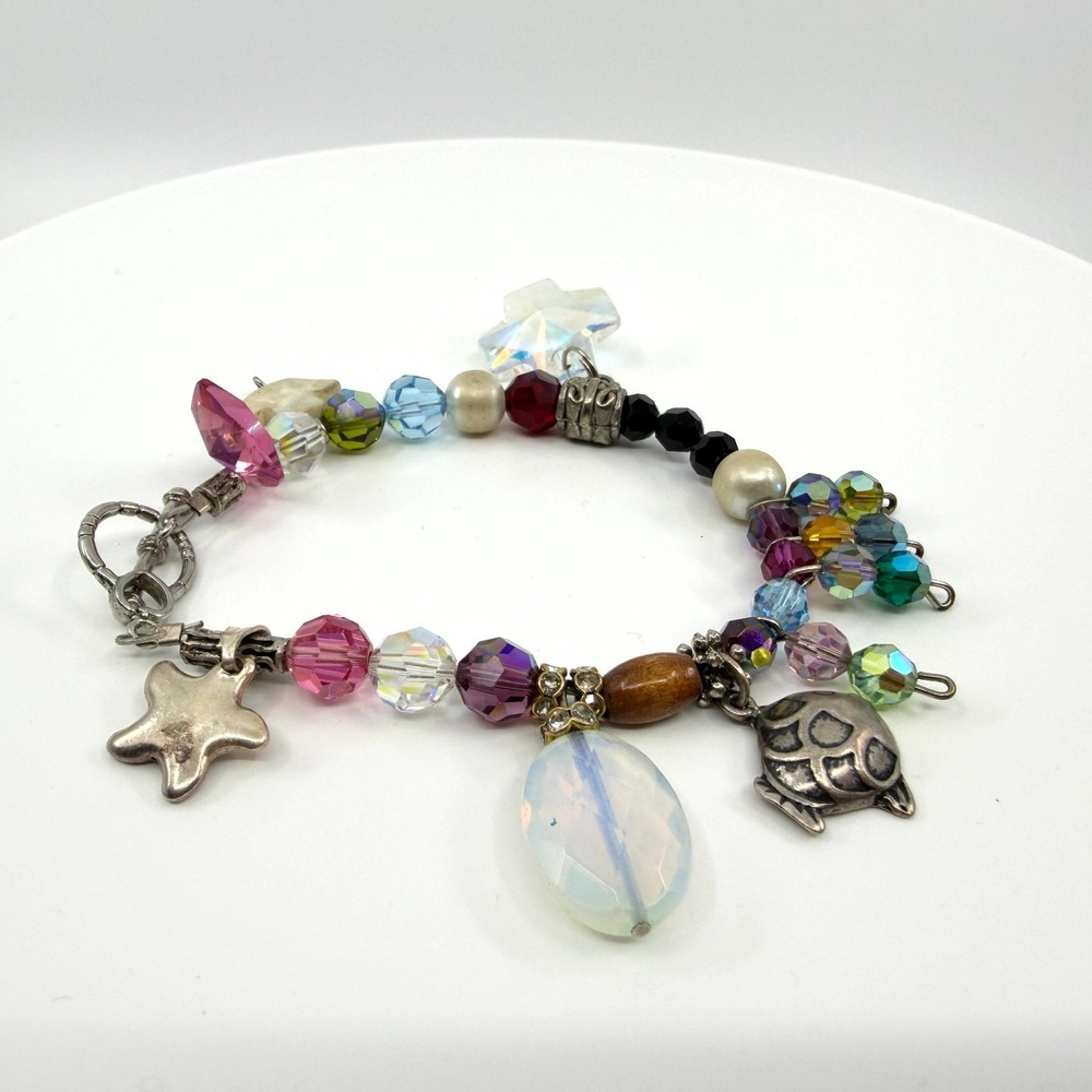 Vintage Silver Tone Chunky Charm Bracelet Y2K Boho Multi Color